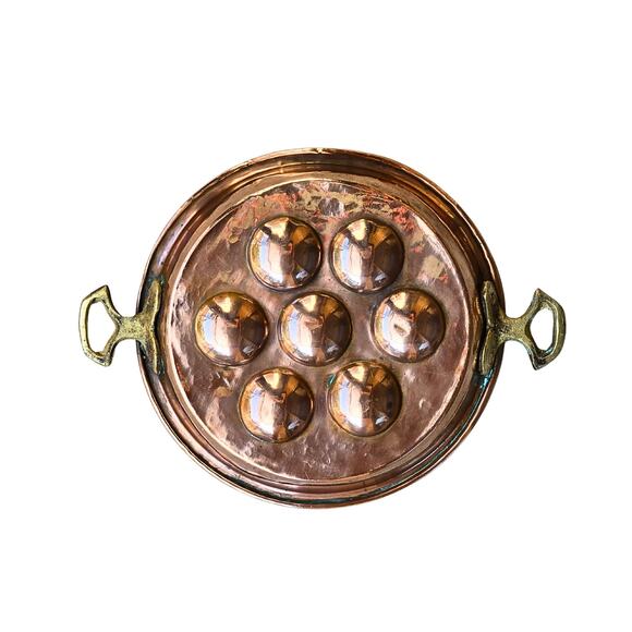 Solid Copper French Escargot Pan Egg Poacher Decorative Brass Handle Mid Century - Picture 2 of 13